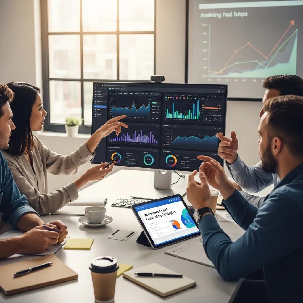 Team discussing AI-powered lead generation strategies and data analytics in a collaborative workspace.