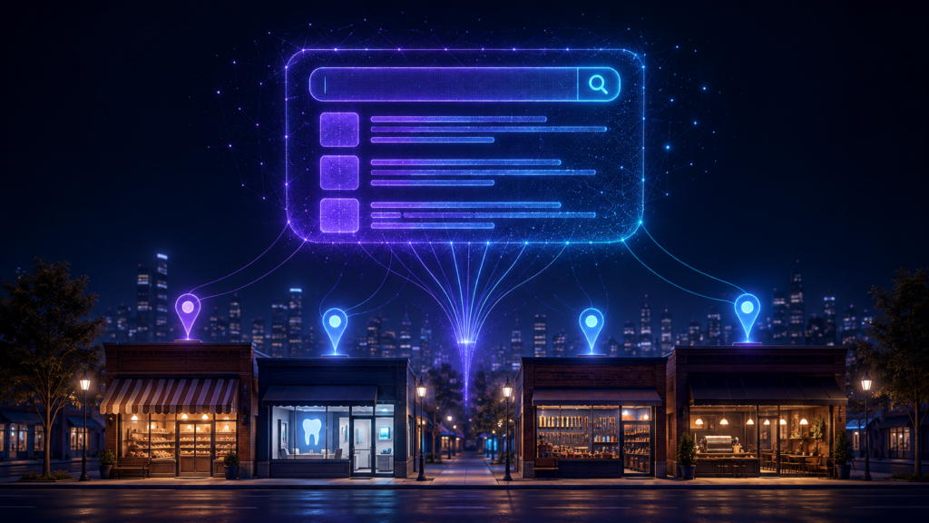 AI search connecting to local businesses and Google Maps locations for AEO and GEO optimization.