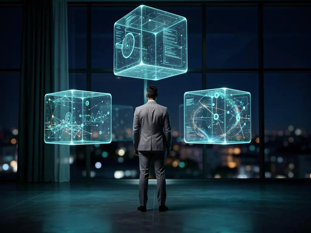 Businessman gazing at floating holographic data cubes in a dimly lit office.