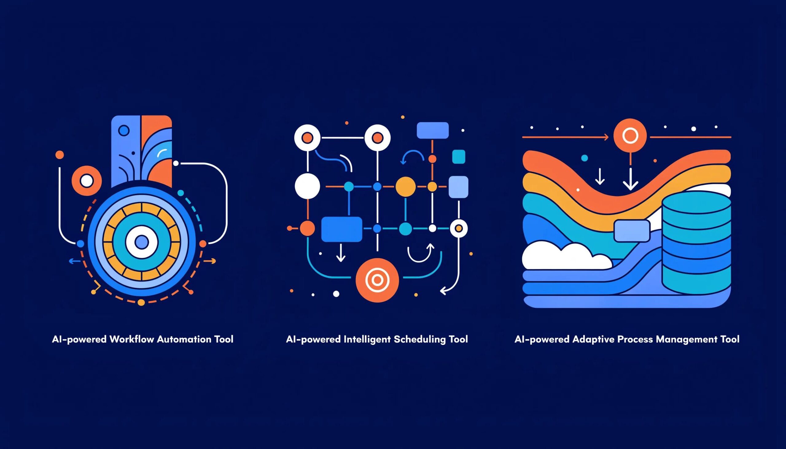 Three unique symbols representing LangGraph, CrewAI, and AutoGen orchestration tools.