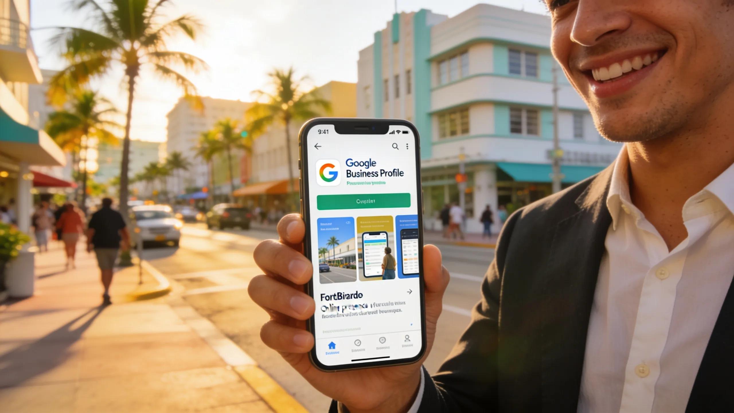 Business owner optimizing Google Business Profile in Fort Lauderdale setting