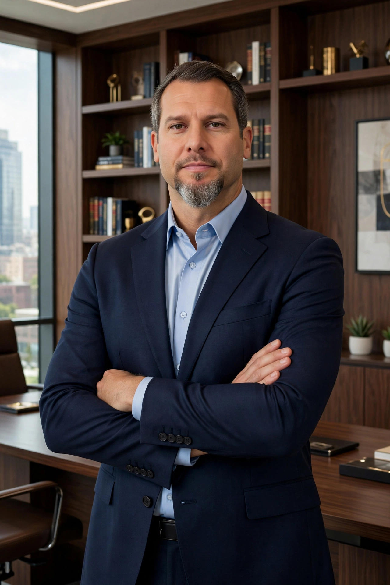 Professional man in a suit standing confidently in an office setting.