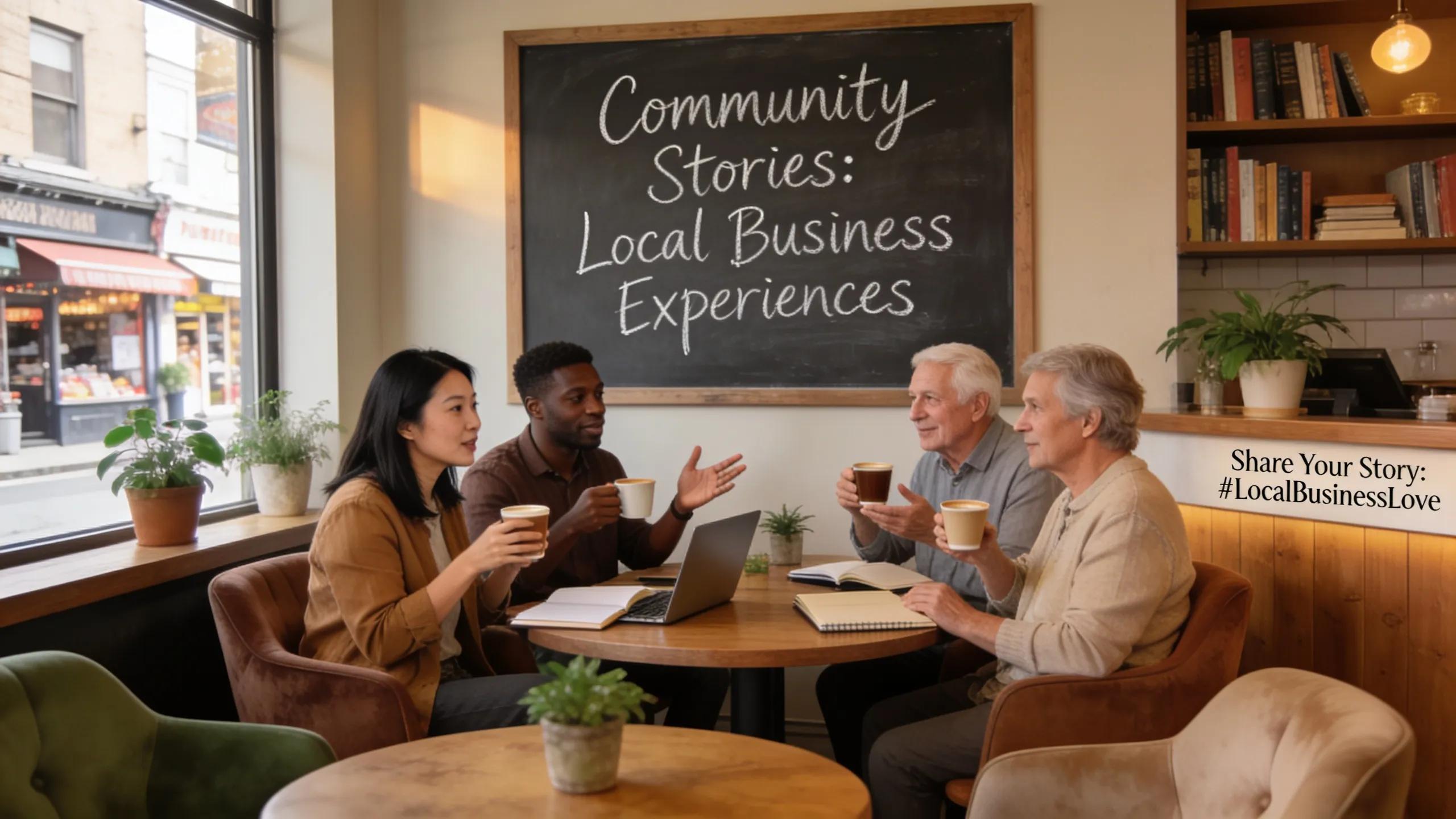 Diverse group discussing local businesses, highlighting community engagement for SEO