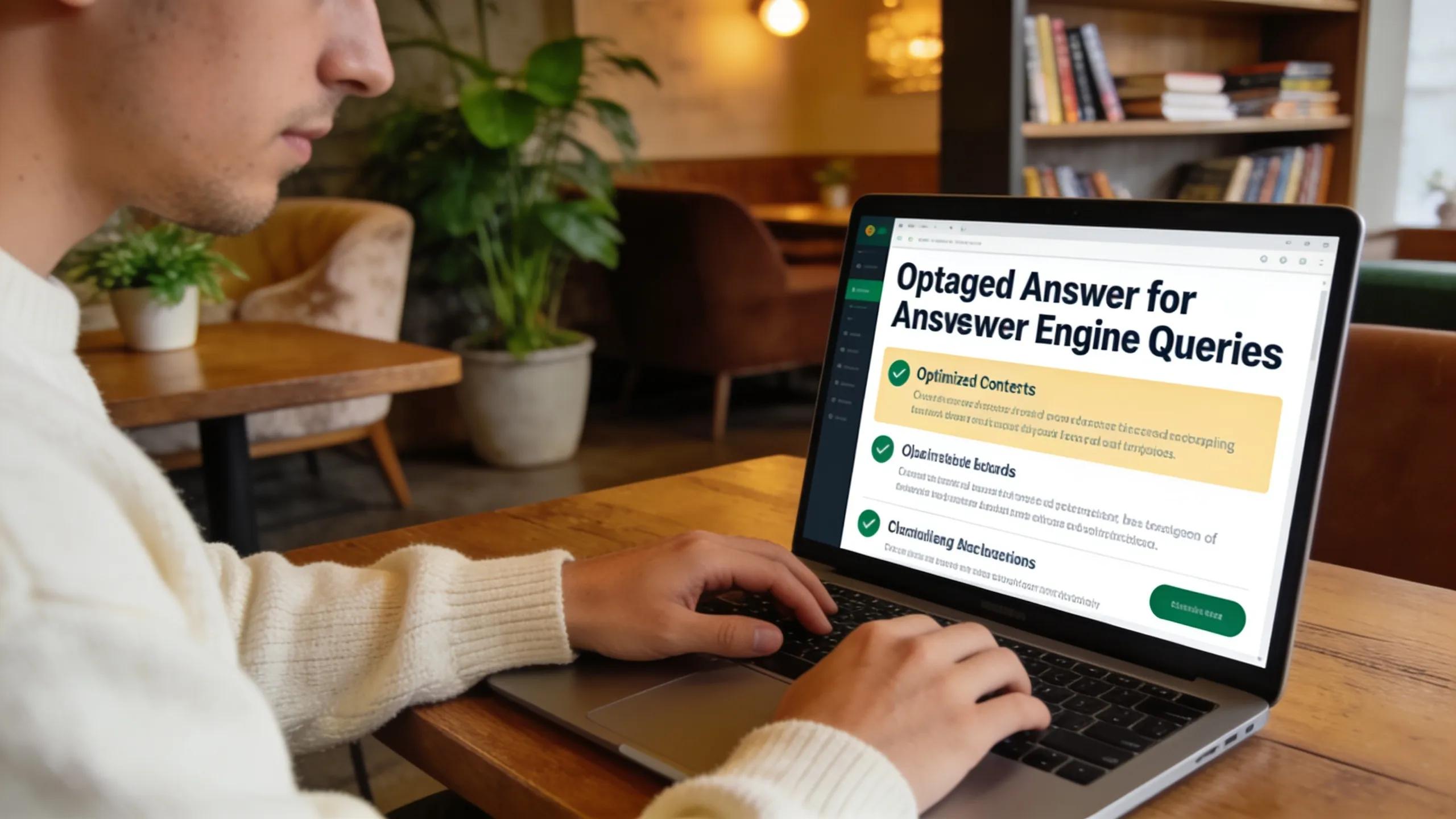 Individual in a café using a laptop to review optimized content for answer engine queries.