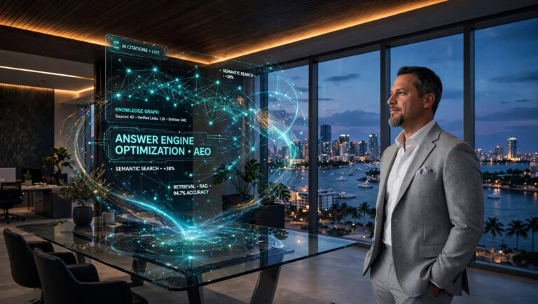 Professional man in suit observing holographic displays in a modern office setting.