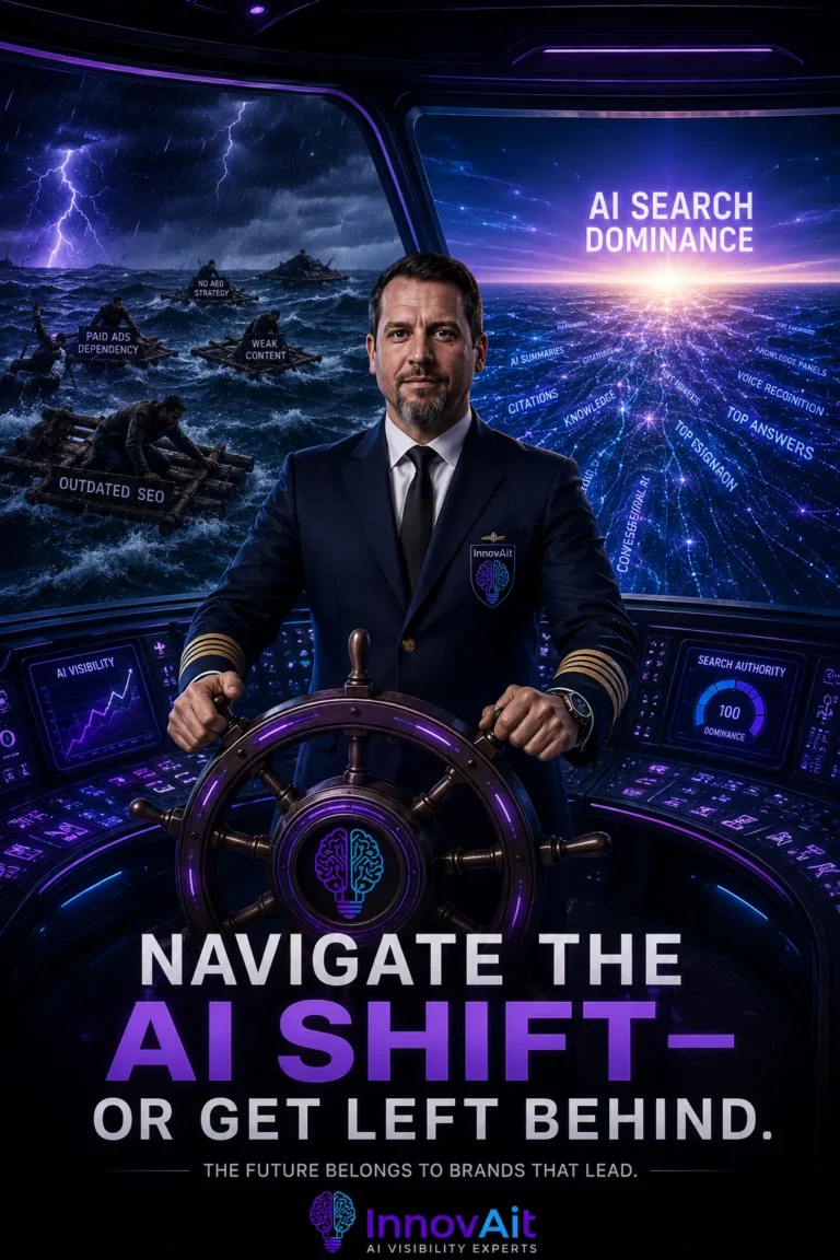 A confident man in a suit stands in a futuristic office, surrounded by screens displaying AI technology concepts.