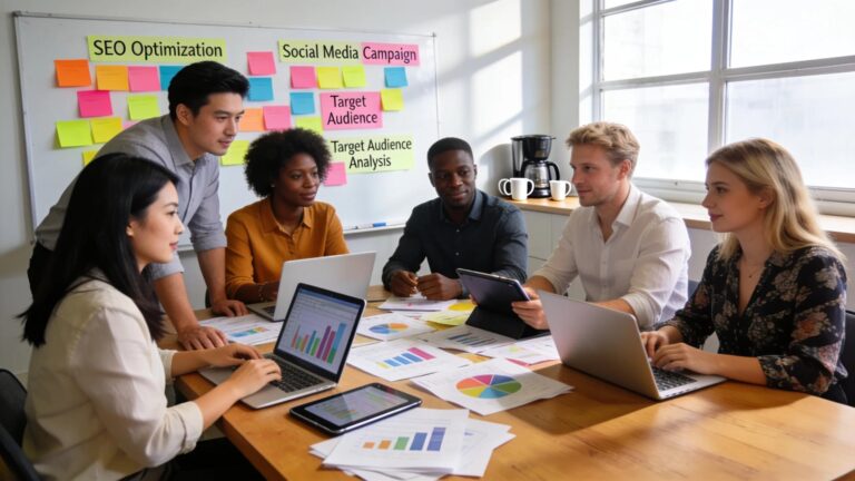 Engaging workspace with a diverse team discussing digital marketing strategies and engaging with technology