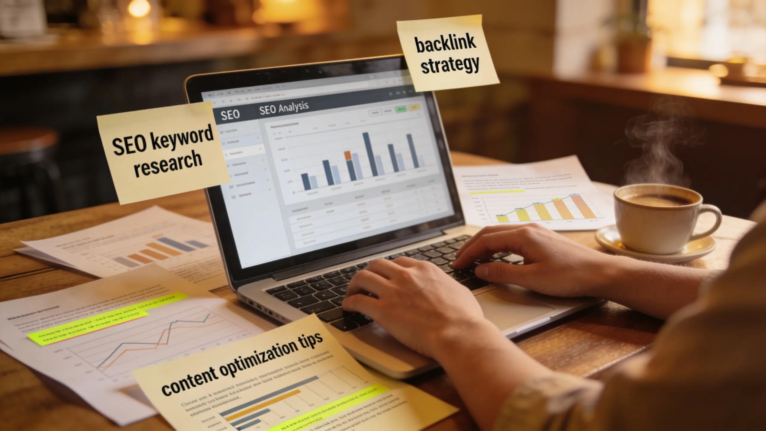 Person researching SEO strategies in a local café setting
