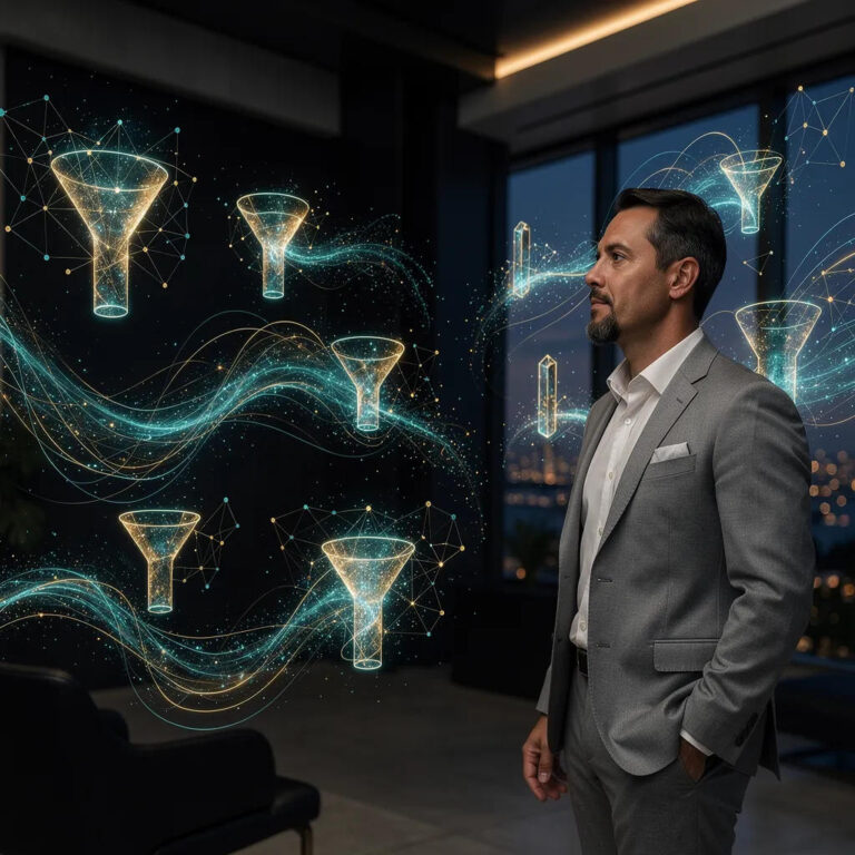A businessman in a suit standing in a modern office with digital funnel graphics.