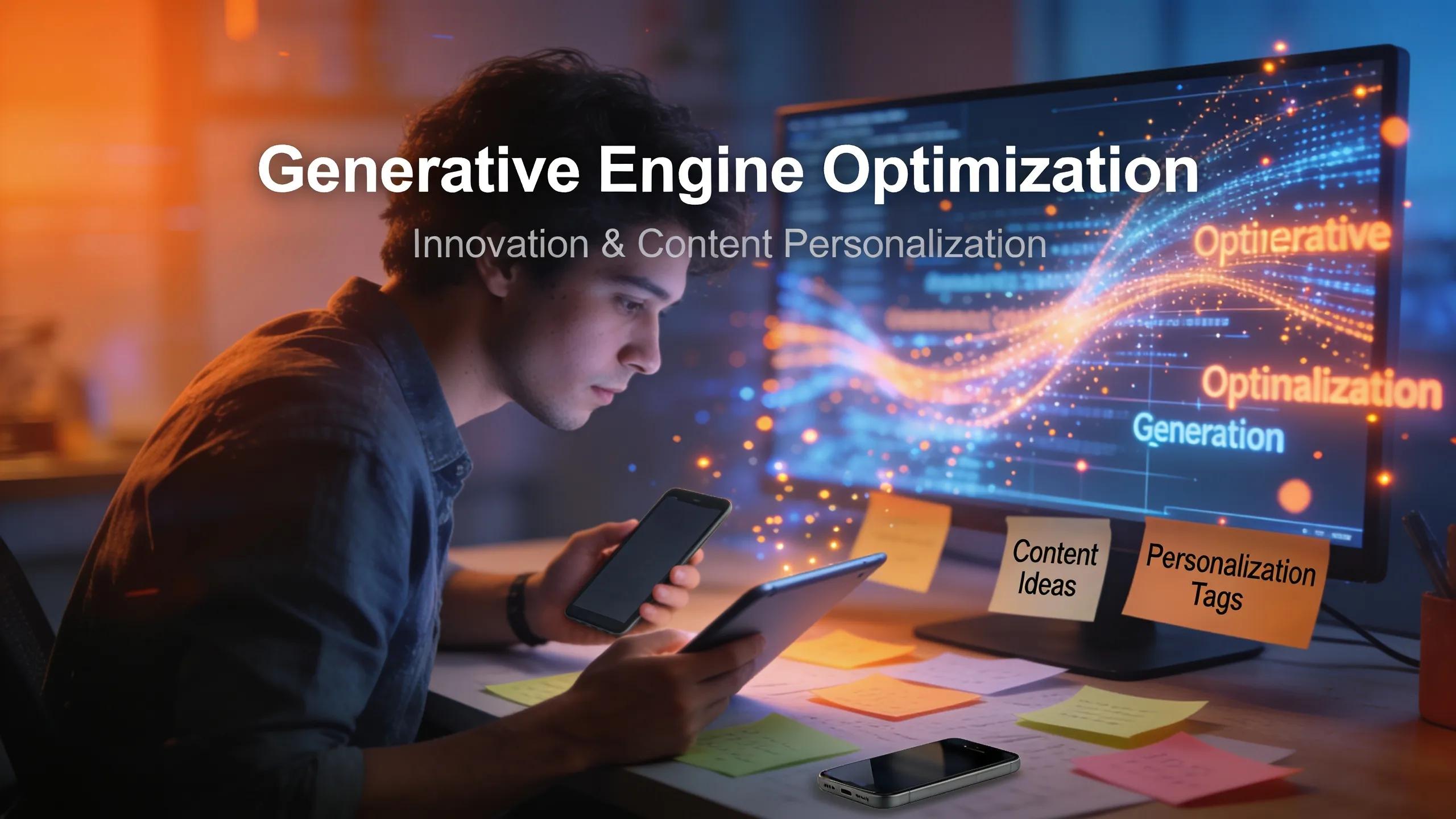Creative workspace illustrating Generative Engine Optimization with dynamic content creation elements