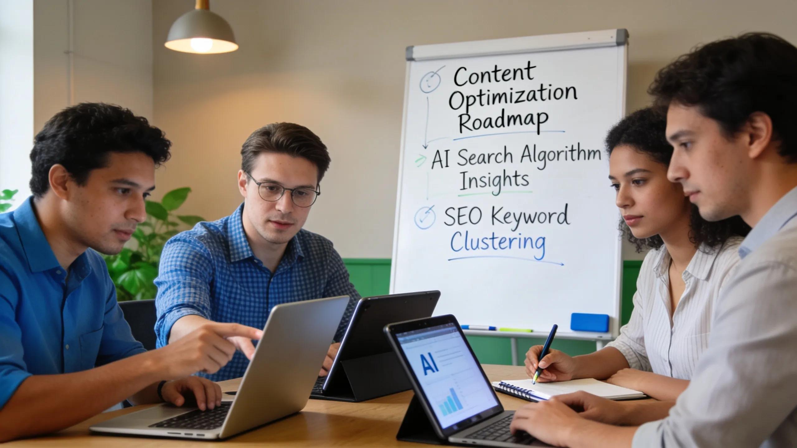 Team collaborating on answer engine optimization techniques for AI search strategies in a business meeting