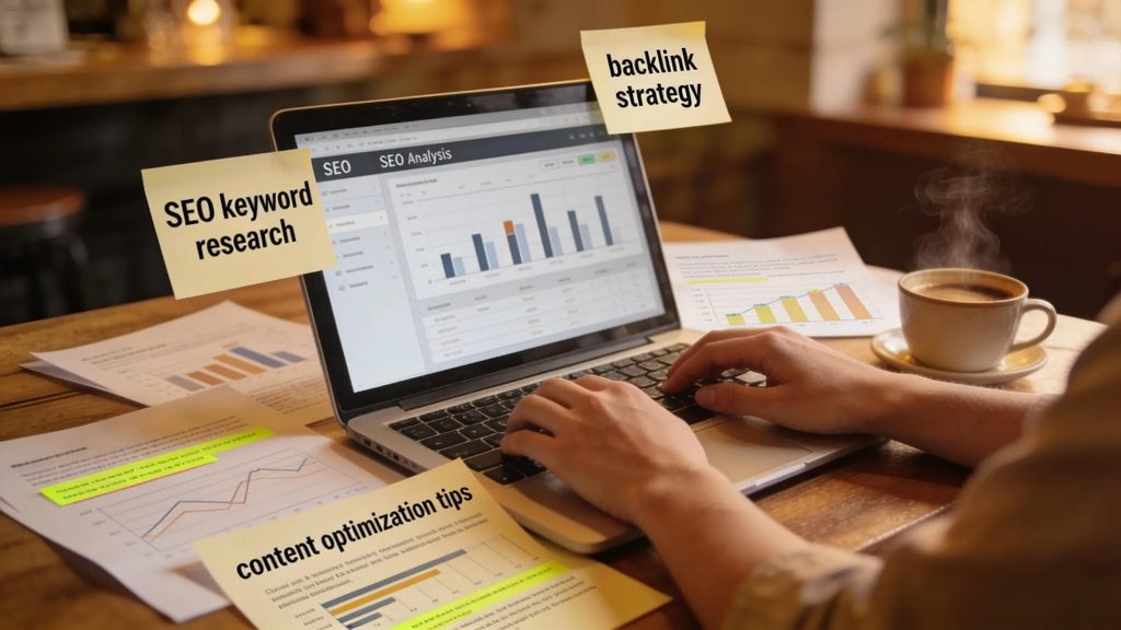 Laptop displaying SEO analysis and keyword research data, illustrating AI-driven SEO strategies for Coral Springs