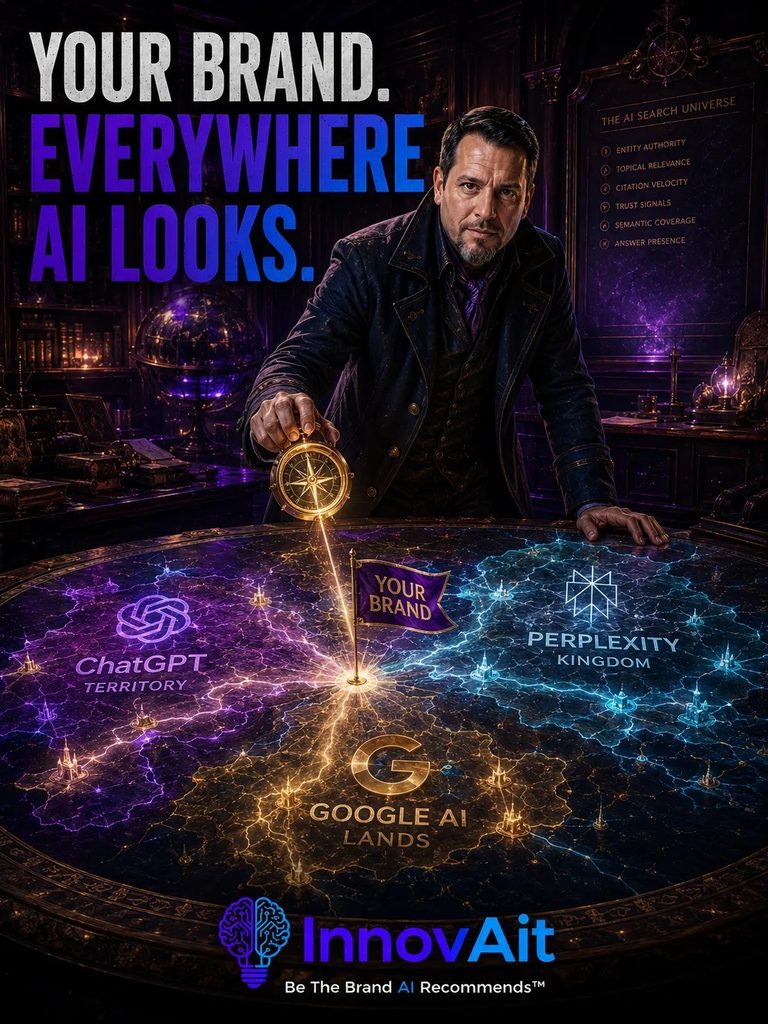 Man gesturing towards a holographic projection of "Your Brand" territory within a digital landscape representing
