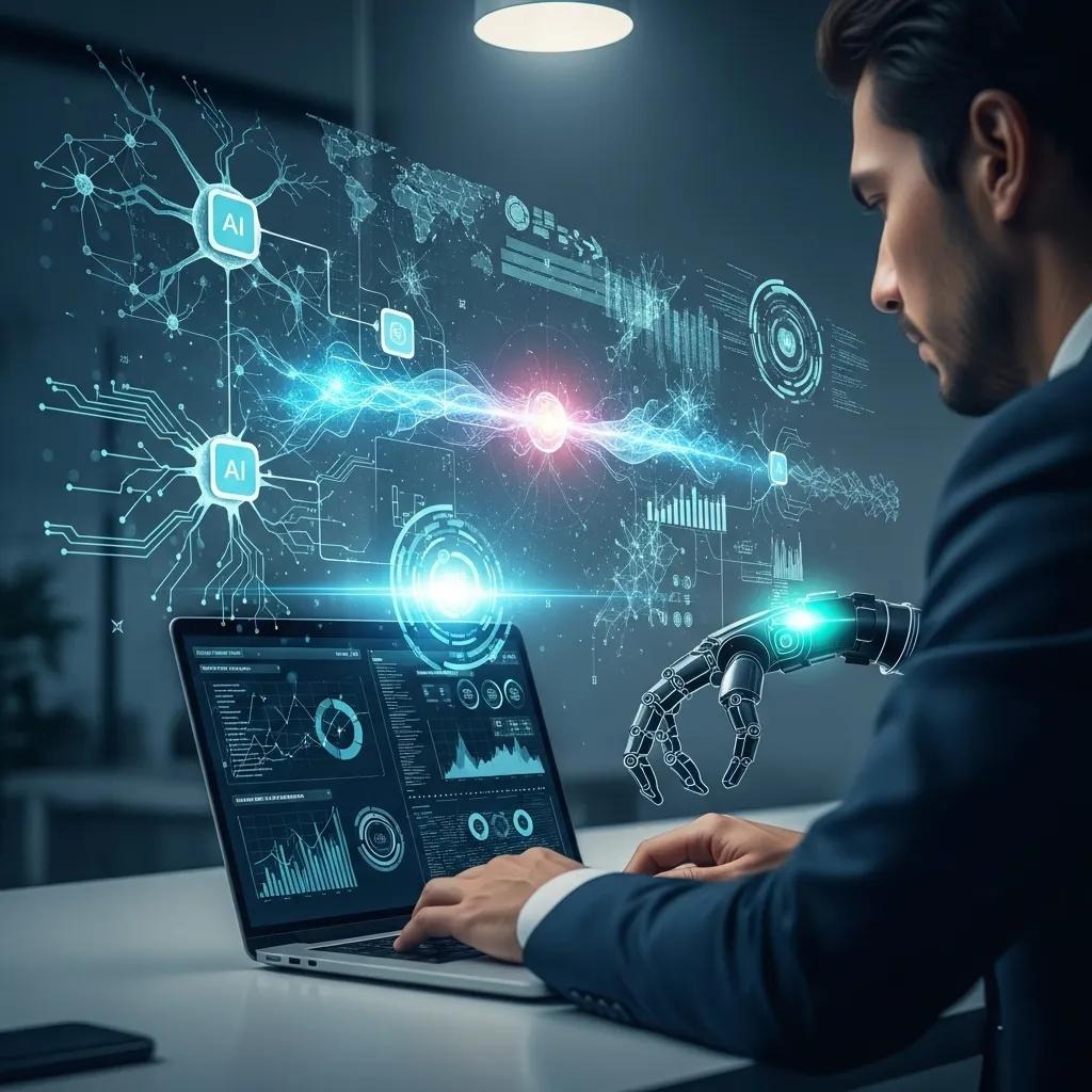 Man using laptop with AI interface illustrating AI optimization strategies and business automation for scalable