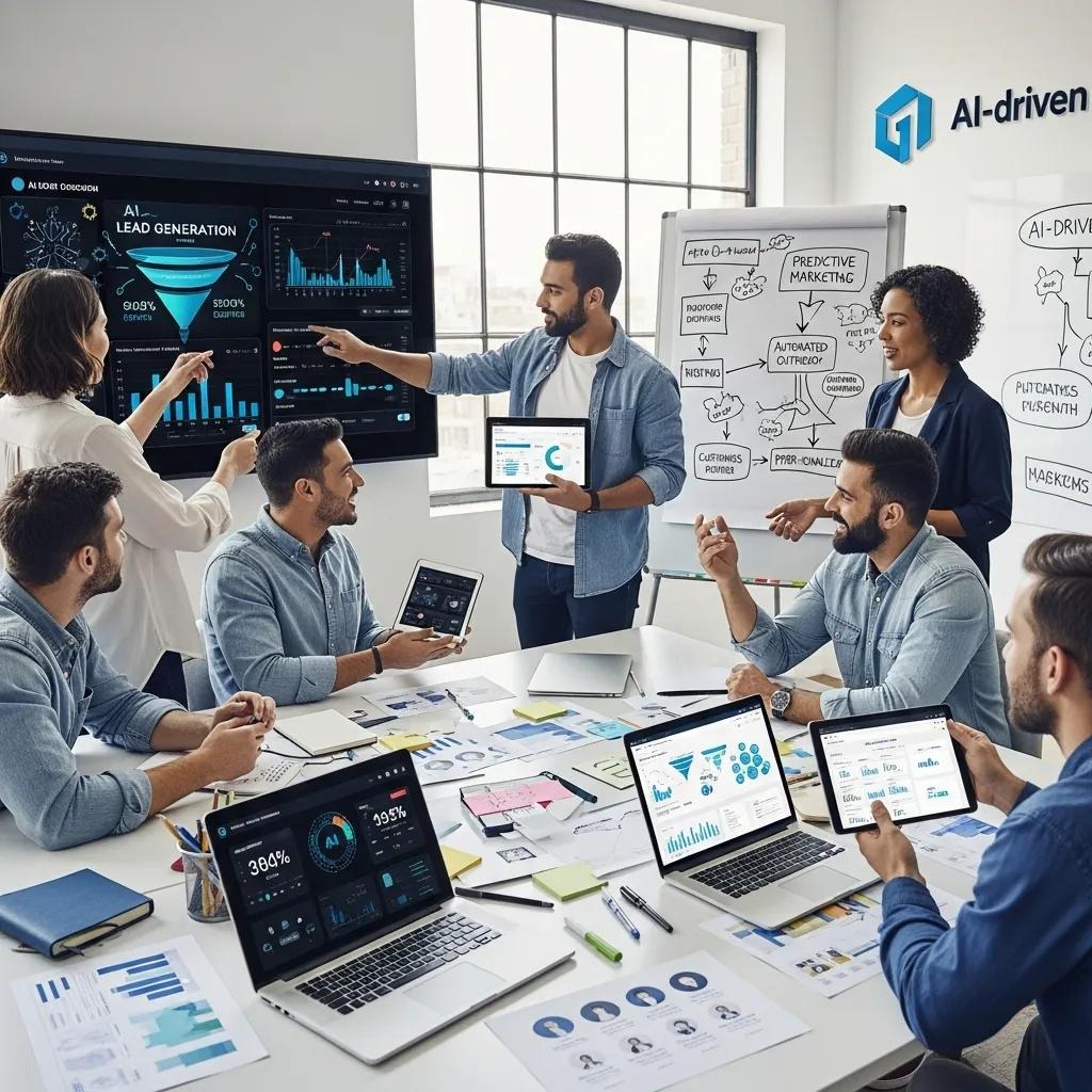 Team of business professionals collaborating around a conference table discussing AI-driven lead generation strategies and