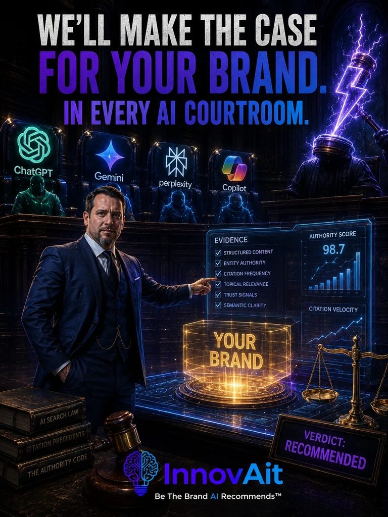 Conceptual image depicting a courtroom scene illustrating AI marketing strategies, including ChatGPT, Gemini, and Copilot,