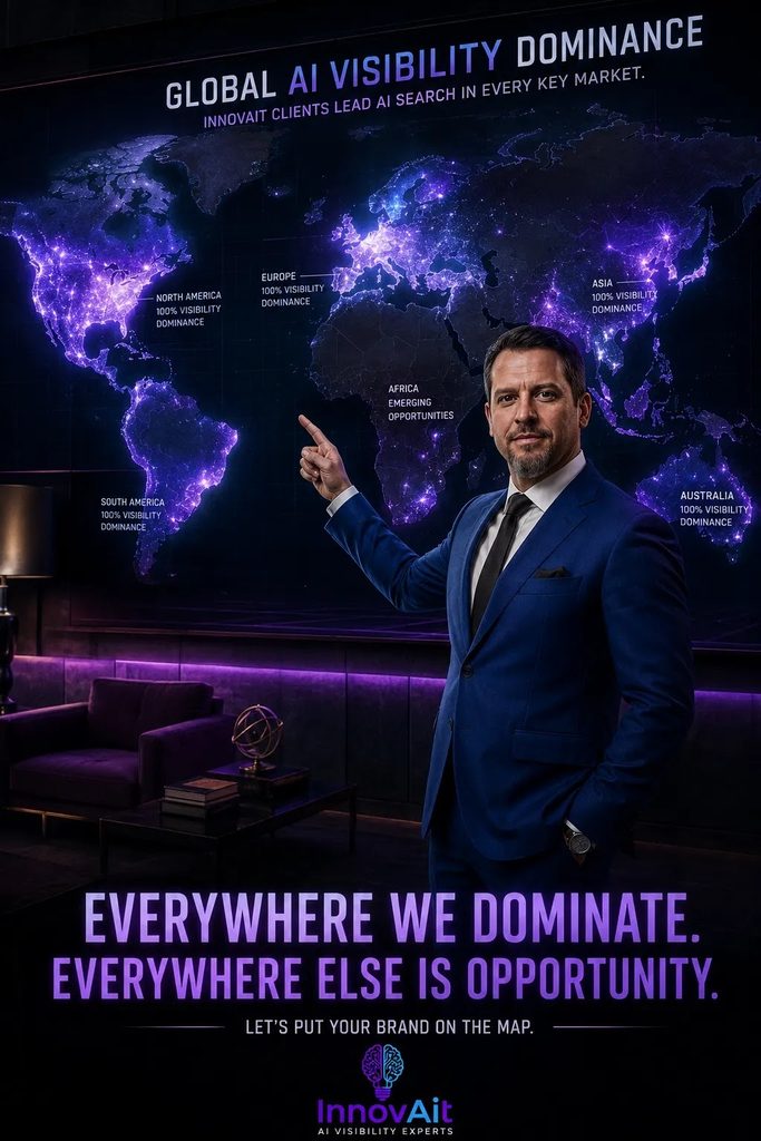 InnovAit AI’s global visibility dominance, illustrated with a world map and a business professional pointing,