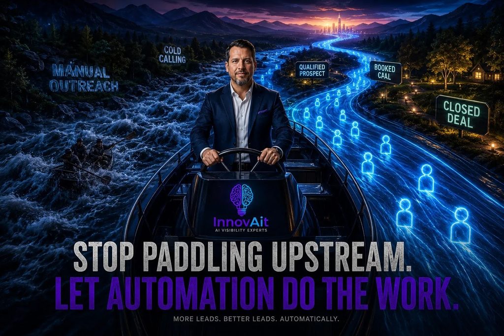 Man confidently steers a boat labeled "InnovAit AI" through a digital waterway representing automated lead