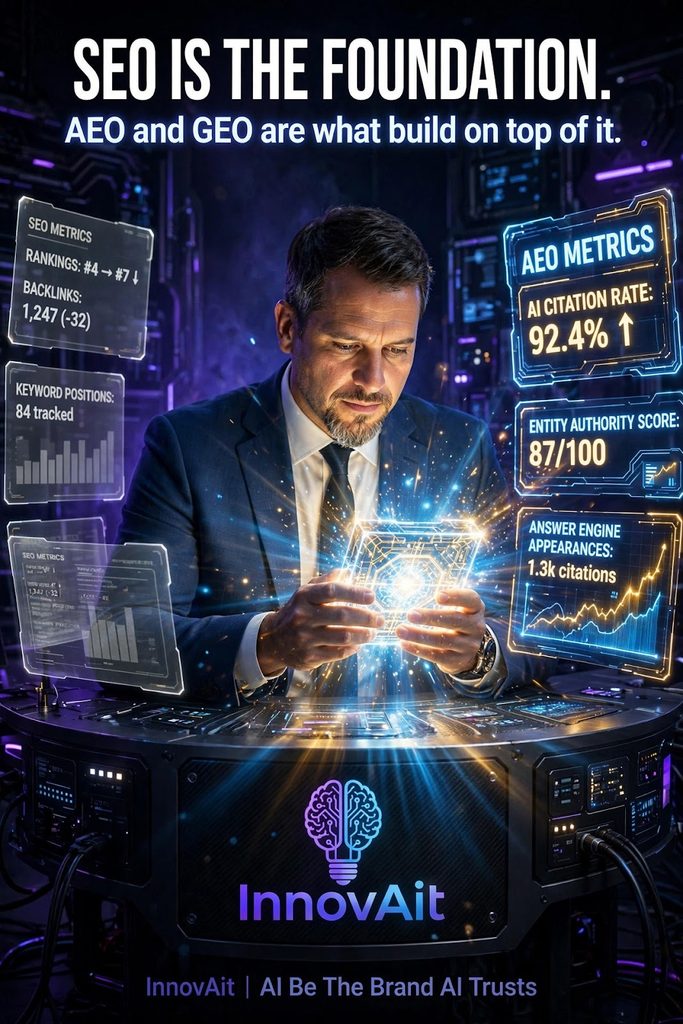 A professional man in a suit interacts with a glowing digital interface displaying SEO metrics,