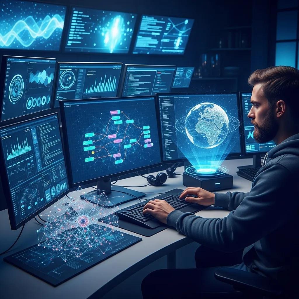 Man working at multiple computer screens displaying data visualizations and a holographic globe, illustrating AI