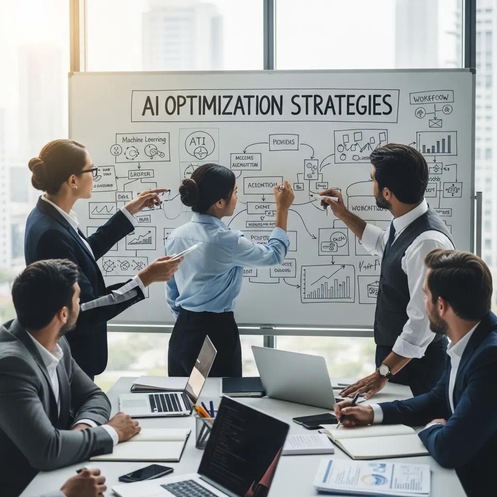 Business team collaborating on AI optimization strategies and workflows, illustrating predictive analytics and data-driven targeting