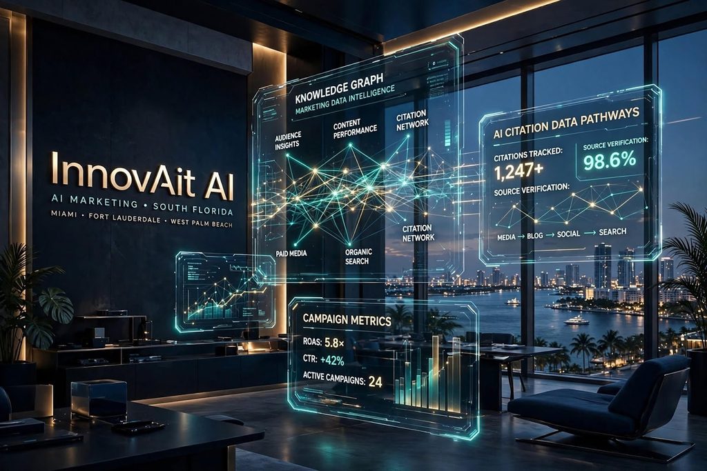 Digital representation of InnovAit AI's Knowledge Graph Optimization, showcasing data pathways and citation networks, illustrating